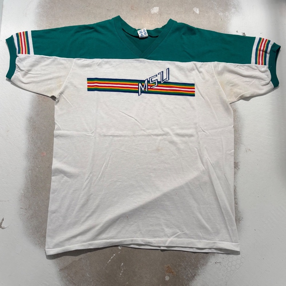 Vintage Champion MSU T-Shirt Mens XL Green White Colorblock V-Neck USA Made